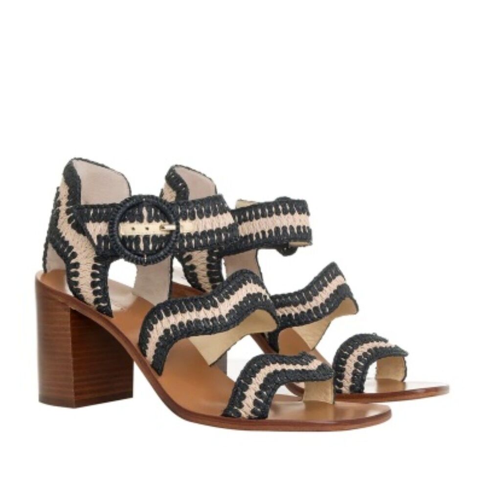 EUC Zimmermann Block Heel Black Natural Raffia Strappy Wave Sandals 8.5